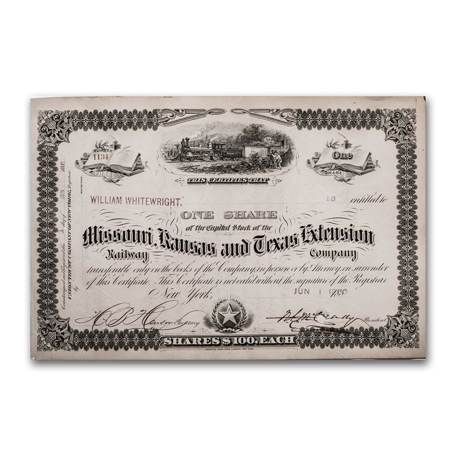 Missouri, Kansas and Texas Extension Railway Company Stock Cert