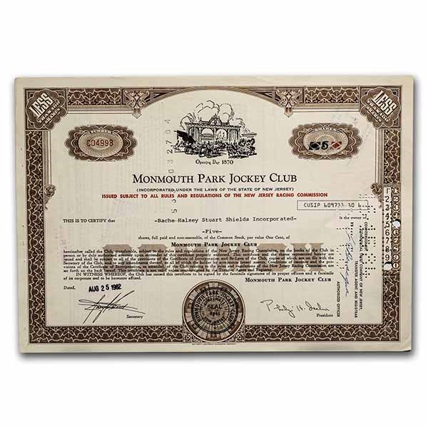 Monmouth Park Jockey Club Stock Certificate (Brown)