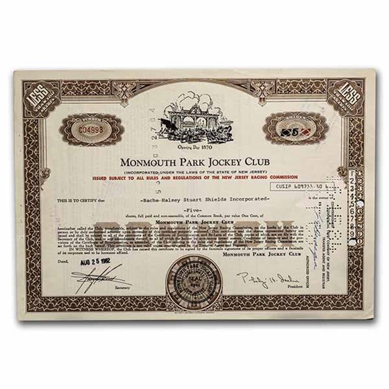 Monmouth Park Jockey Club Stock Certificate (Brown) Monmouth Park Jockey Club Stock Certificate (Brown)