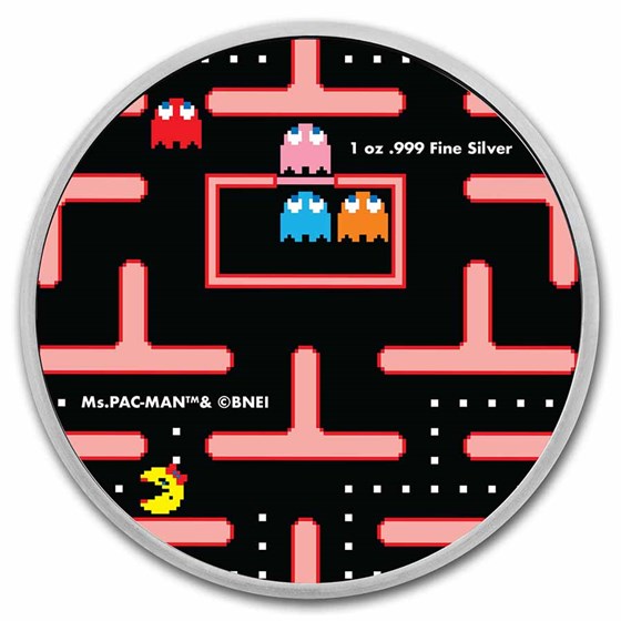 Silver Pac Man Buy Ms.PAC-MAN™ Dual Mazes 1 oz Colorized Silver Round | APMEX
