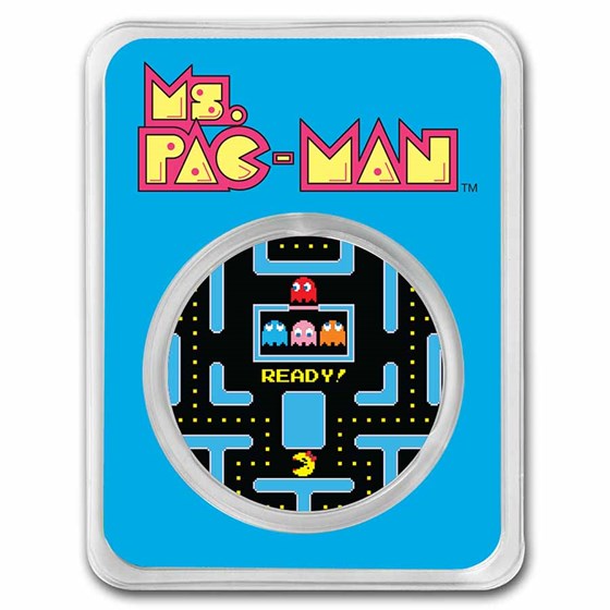 Ms.PAC-MAN™ Dual Mazes 1 oz Colorized Silver Round Ms.PAC-MAN™ Dual Mazes 1 oz Colorized Silver Round