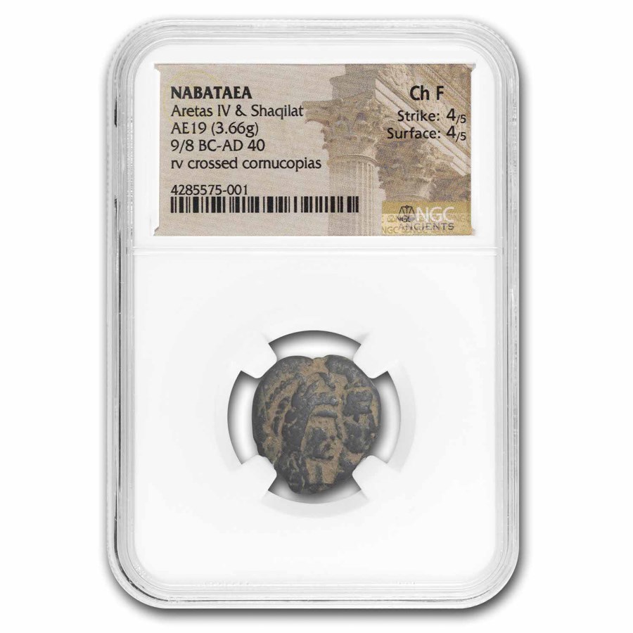Nabataea AE19 (9 BC-40 AD) Aretas IV & Shaqilat Ch Fine NGC