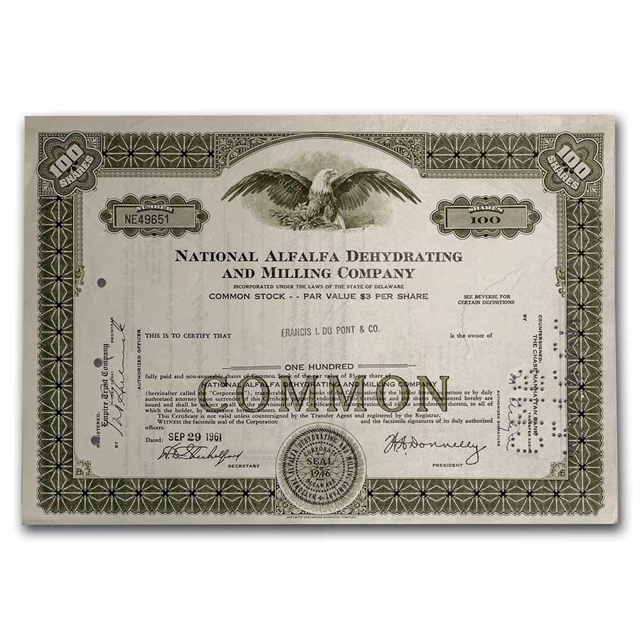 National Alfalfa Dehydrating and Milling Stock Cert. (Green)
