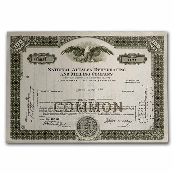National Alfalfa Dehydrating and Milling Stock Cert. (Green) National Alfalfa Dehydrating and Milling Stock Cert. (Green)