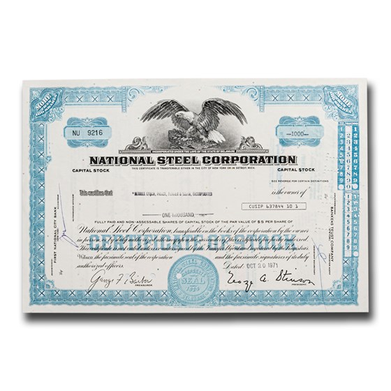National Steel Corporation Stock Certificate National Steel Corporation Stock Certificate