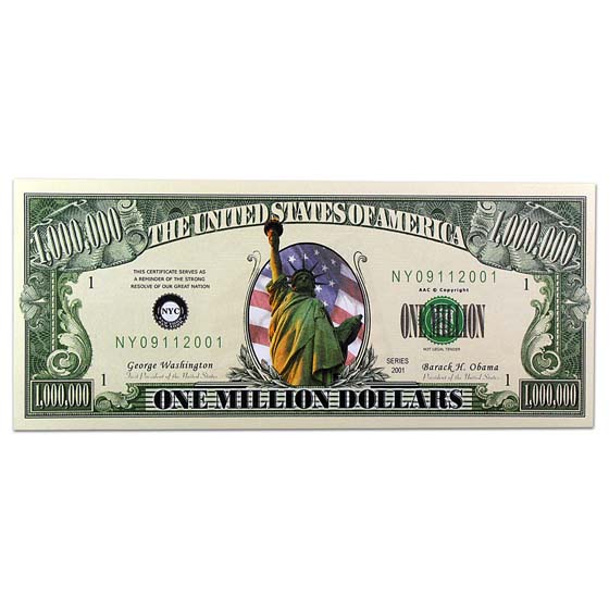 U.S ONE MILLION DOLLARS Bill Lady Liberty series 2001 Novelty Or Pretend Money 