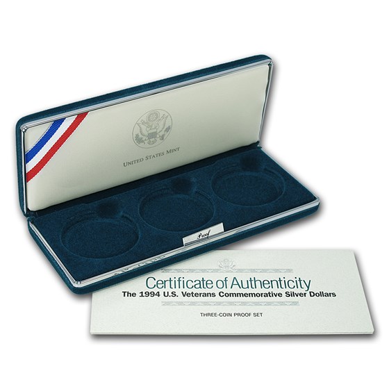 OGP Box & COA - 1994 3-Coin Veterans Commem Proof Silver Dollars OGP Box & COA - 1994 3-Coin Veterans Commem Proof Silver Dollars