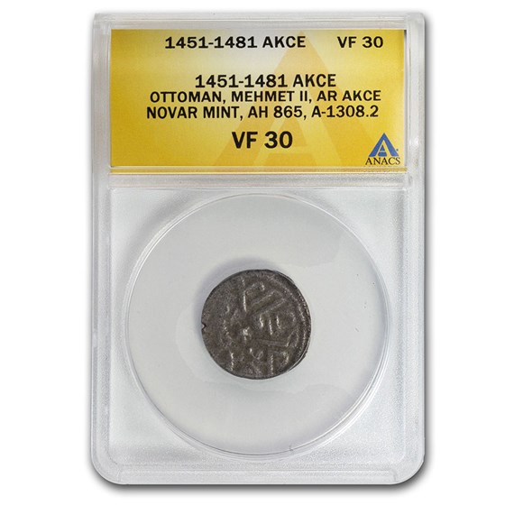 Ottoman Empire AR Akce Mehmet II (1451-1481 AD) VF-30 ANACS Ottoman Empire AR Akce Mehmet II (1451-1481 AD) VF-30 ANACS