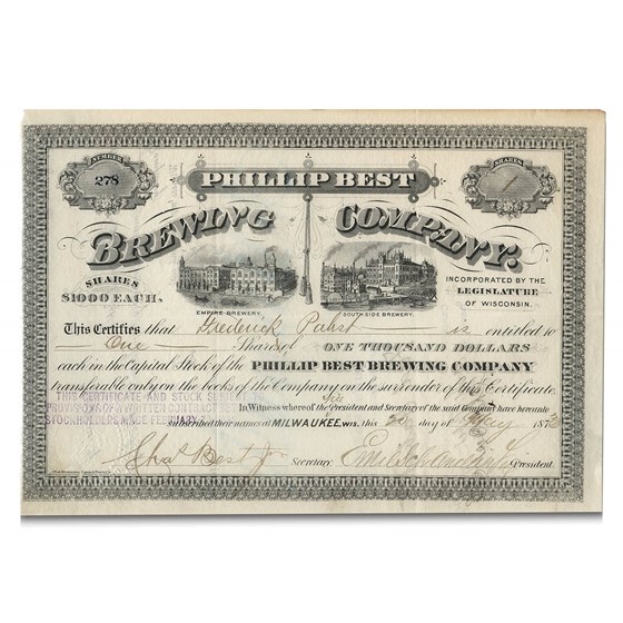Pabst Beer - Phillip Best Brewing Co. Stock Certificate (1870's) Pabst Beer - Phillip Best Brewing Co. Stock Certificate (1870's)