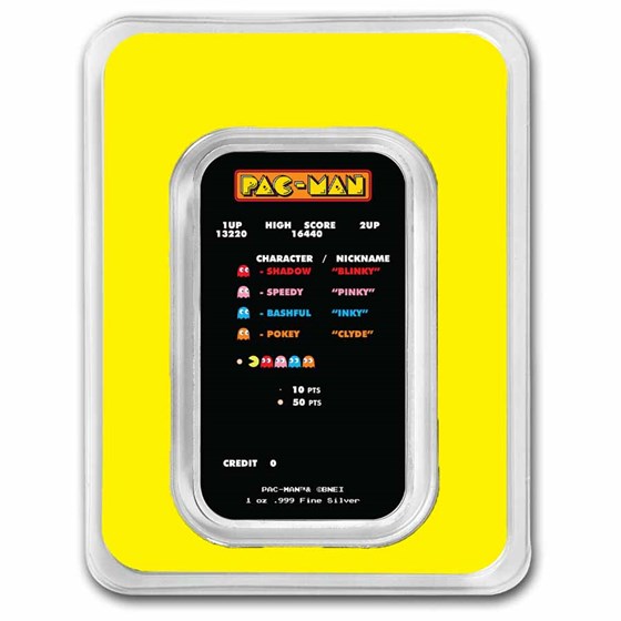PAC-MAN Game Screen 1 oz Silver Colorized Bar PAC-MAN Game Screen 1 oz Silver Colorized Bar