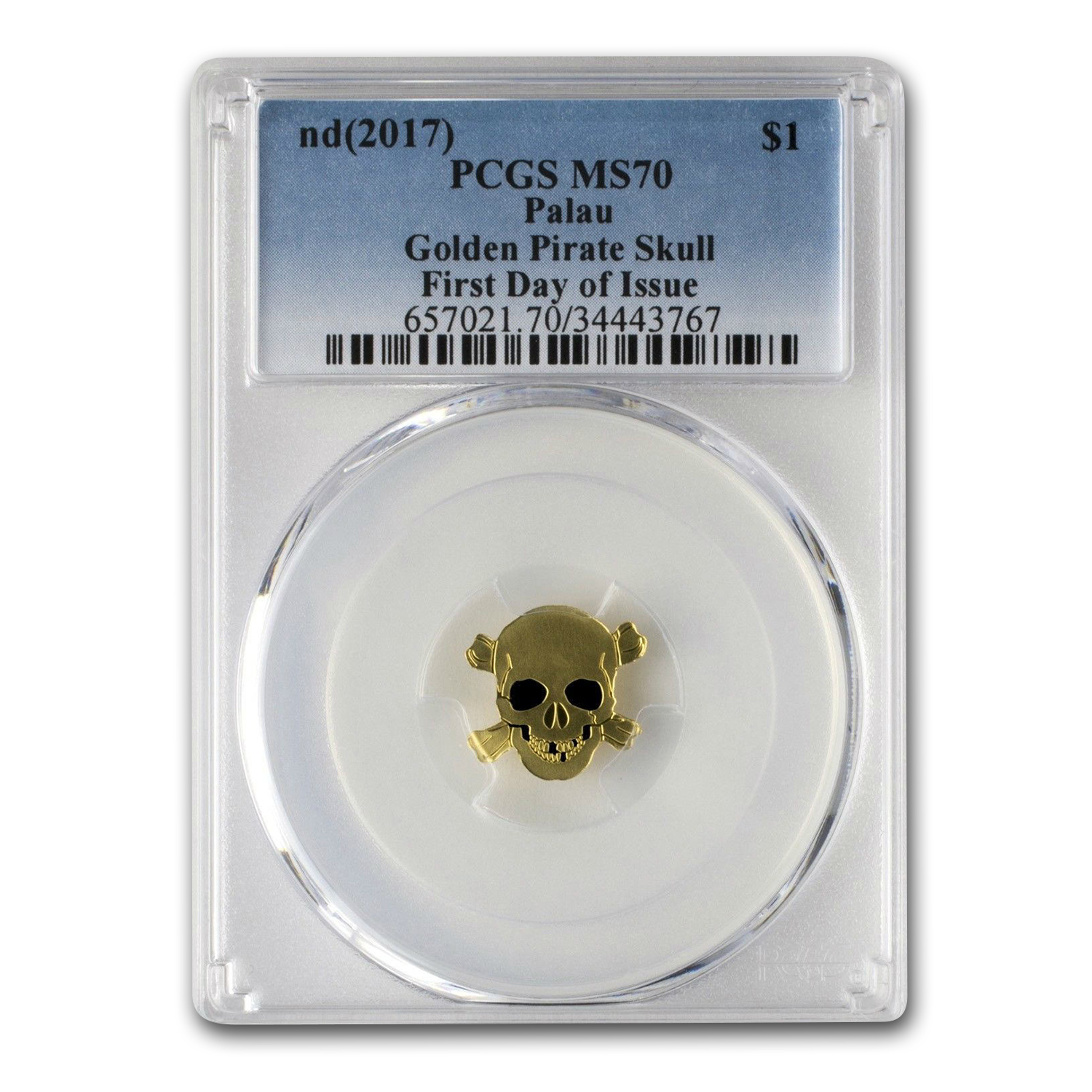 Buy Palau 1/2 gram Gold $1 Golden Pirate Skull MS-70 PCGS | APMEX