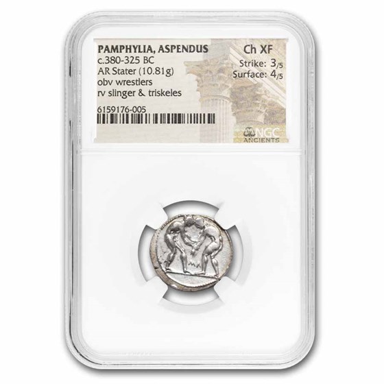 Pamphylia Aspendus AR Stater Wrestlers (380-325 BC) Ch XF NGC