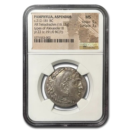 Pamphylia Aspendus AR Tetradrachm (212-181 BC) MS NGC Pamphylia Aspendus AR Tetradrachm (212-181 BC) MS NGC