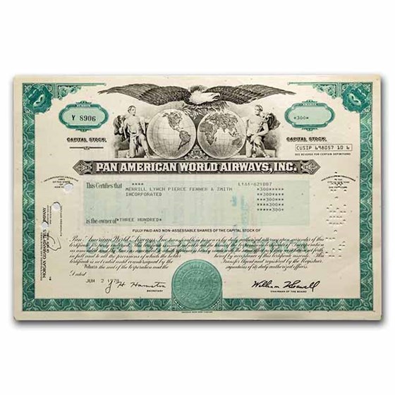 Pan American World Airways, Inc. Stock Certificate (Aqua) Pan American World Airways, Inc. Stock Certificate (Aqua)