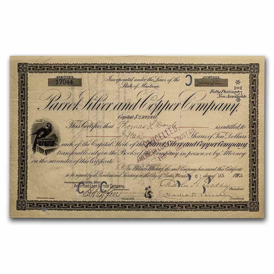 Parrot Silver and Copper Company Stock Certificate