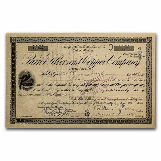 Parrot Silver and Copper Company Stock Certificate Parrot Silver and Copper Company Stock Certificate