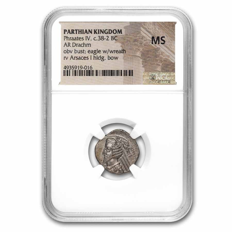Parthian Empire Phraates IV Silver Drachm (38-2 BC) MS NGC