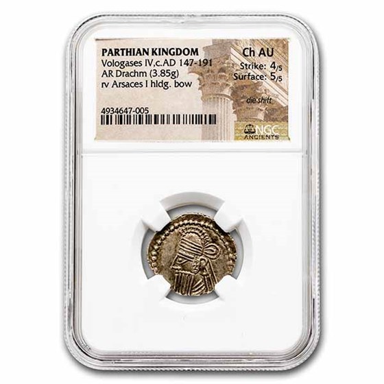 Parthian Empire Silver Drachm Vologases IV (147-191 BC) Ch AU NGC Parthian Empire Silver Drachm Vologases IV (147-191 BC) Ch AU NGC