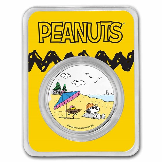 Peanuts® Snoopy & Woodstock at the Beach 1 oz Colorized Silver