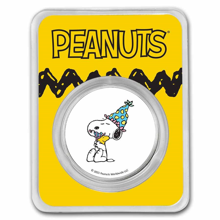 Peanuts® Snoopy & Woodstock Celebrate 1 oz Colorized Silver Round