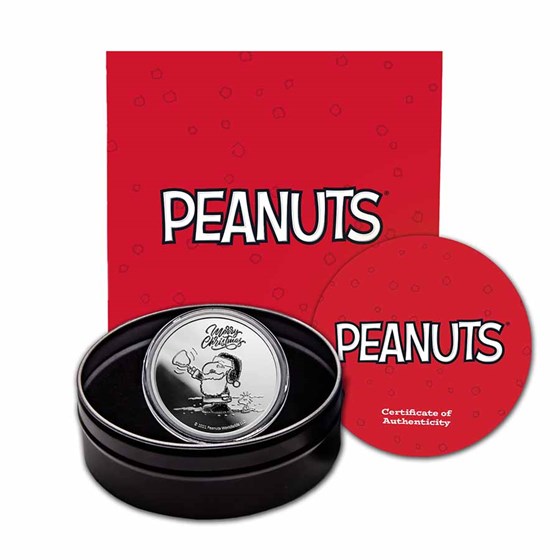 Peanuts® Snoopy & Woodstock Christmas 1 oz Ag Proof w/Tin & COA Peanuts® Snoopy & Woodstock Christmas 1 oz Ag Proof w/Tin & COA