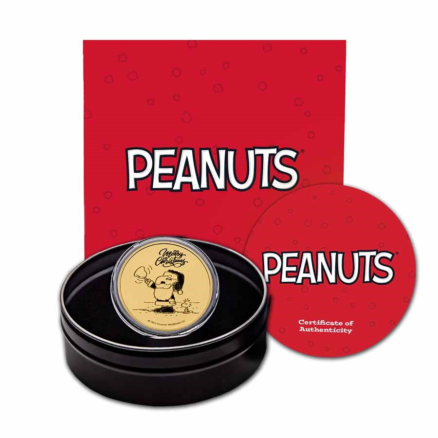 Peanuts® Snoopy & Woodstock Christmas 1 oz Gold Round w/Tin & COA