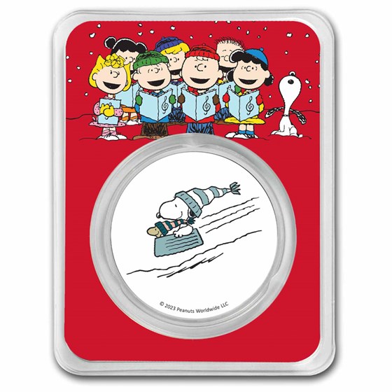 Peanuts® Snoopy & Woodstock Sledding 1 oz Colorized Silver