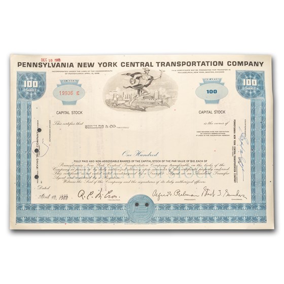 Pennsylvania New York Central Transportation Stock Certificate Pennsylvania New York Central Transportation Stock Certificate