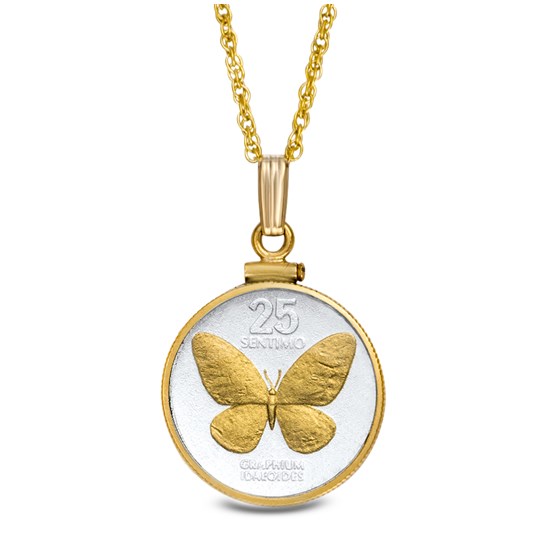 Philippines 25 Centimos Butterfly Necklace w/14k Gold Fill Bezel Philippines 25 Centimos Butterfly Necklace w/14k Gold Fill Bezel