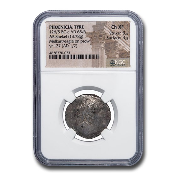 Phoenicia Tyre AR Shekel (1-2 AD) Ch XF NGC (Lifetime of Christ) Phoenicia Tyre AR Shekel (1-2 AD) Ch XF NGC (Lifetime of Christ)