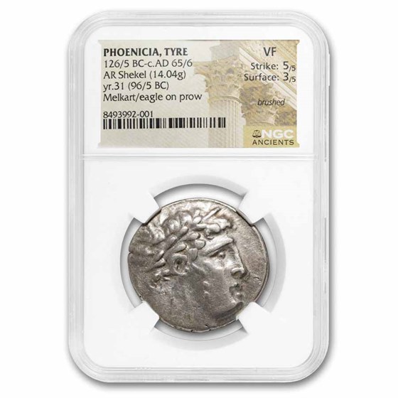 Phoenicia, Tyre Silver AR Shekel (126/5 BC-65/6 AD) VF NGC (5/3)