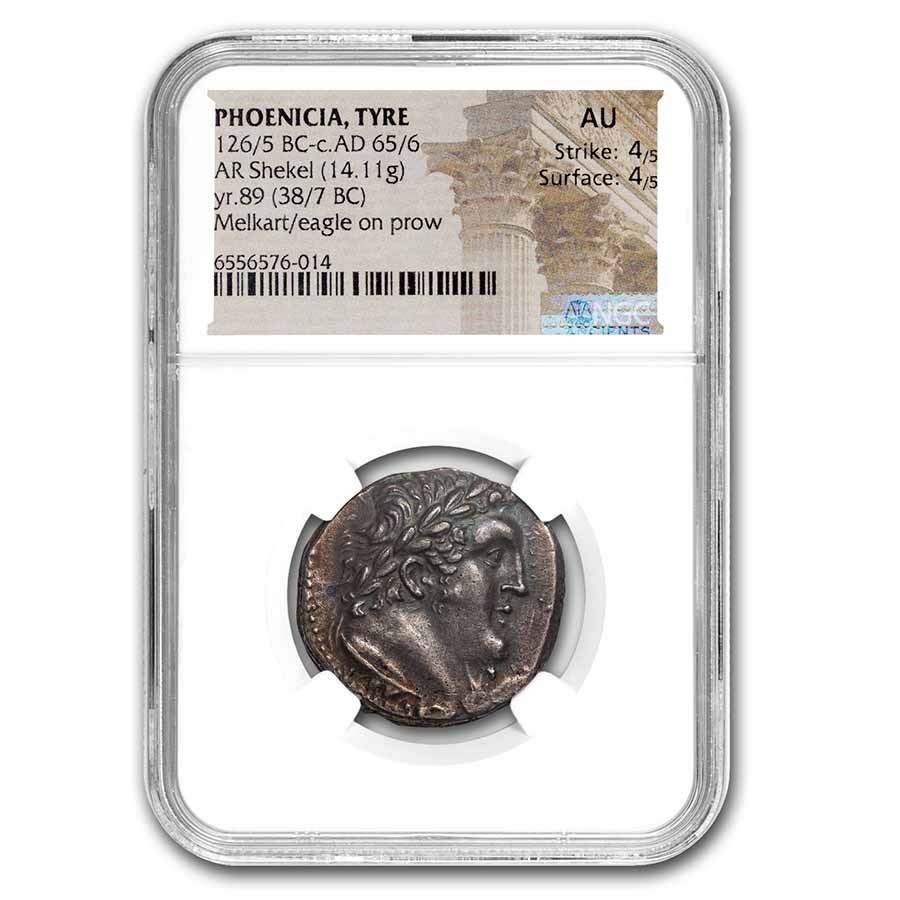 Phoenicia Tyre Silver Shekel (38/37 BC, Year 89) AU NGC