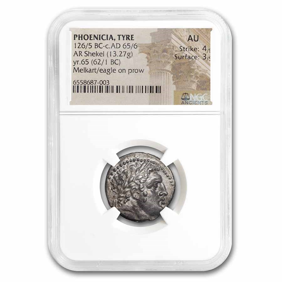 Phoenicia Tyre Silver Shekel (62/1 BC) AU NGC