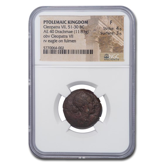 Ptolemaic Kingdom Cleopatra VII AE 40 Drachmae 51-30 BC Fine NGC Ptolemaic Kingdom Cleopatra VII AE 40 Drachmae 51-30 BC Fine NGC