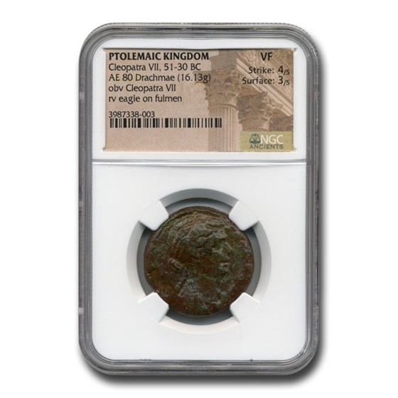 Ptolemaic Kingdom Cleopatra VII AE 80 Drachmae (51-30 BC) VF NGC Ptolemaic Kingdom Cleopatra VII AE 80 Drachmae (51-30 BC) VF NGC