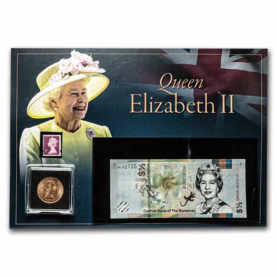 Queen Elizabeth II Banknote, Coin & Stamp Set Queen Elizabeth II Banknote, Coin & Stamp Set