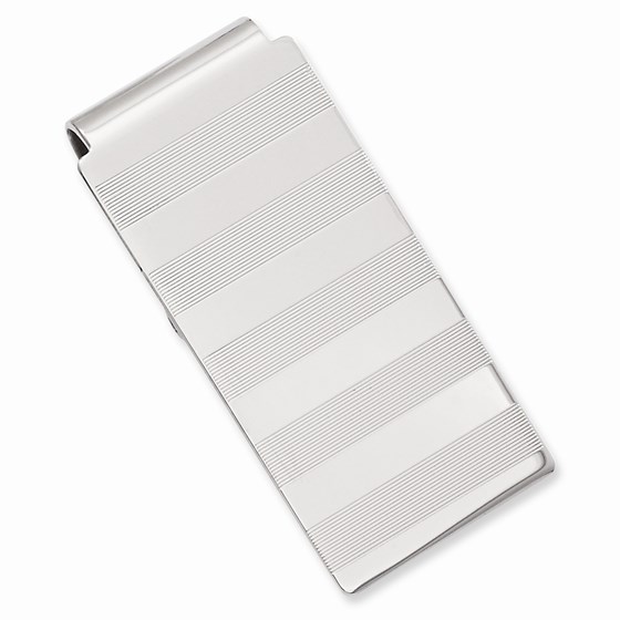 Rhodium-plated Stripes Engraveable Hinged Money Clip
