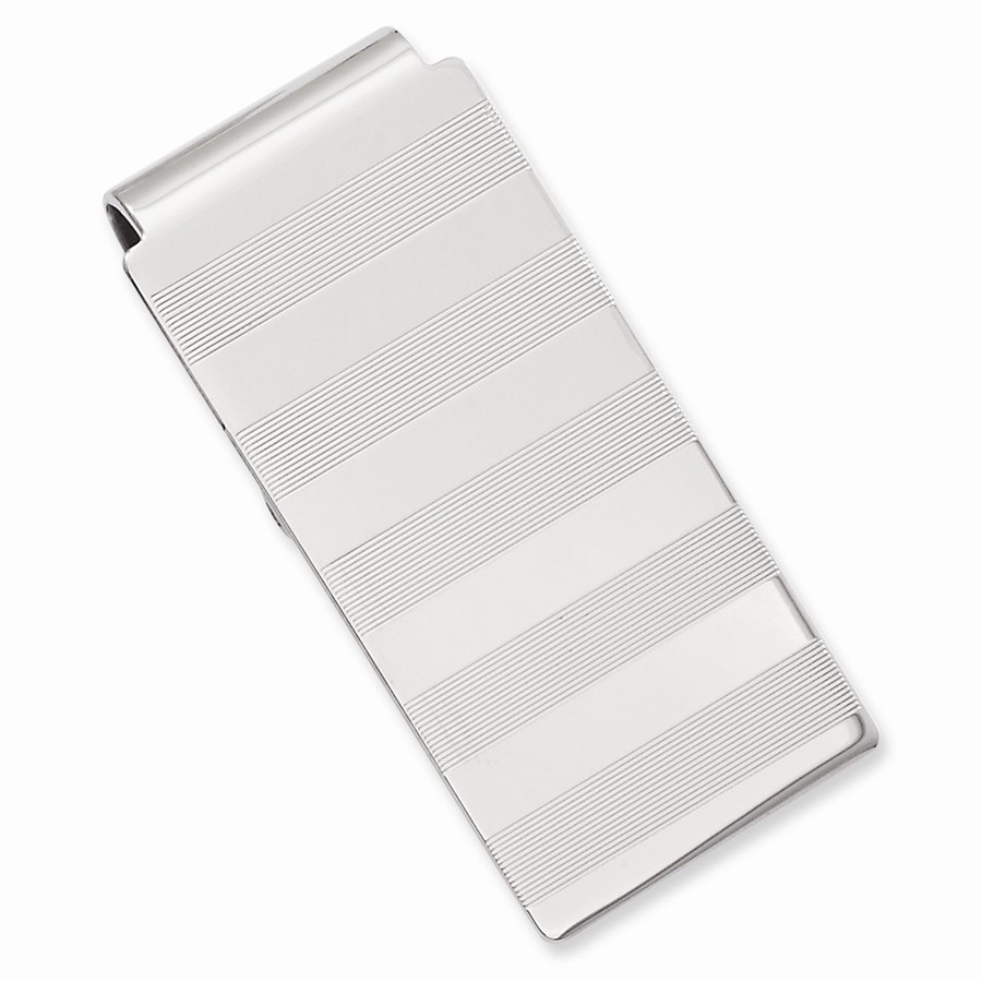 Rhodium-plated Stripes Engraveable Hinged Money Clip