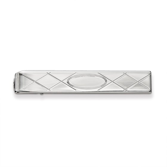 Rhodium-plated Tie Bar with Criss Cross & Oval Center