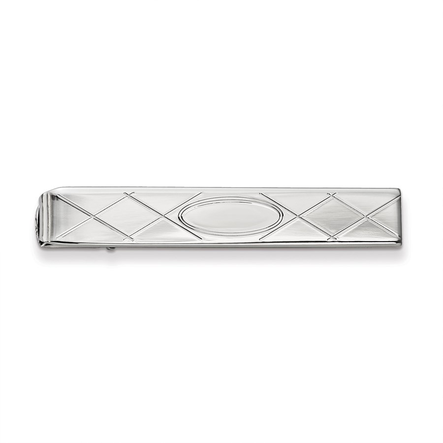 Rhodium-plated Tie Bar with Criss Cross & Oval Center