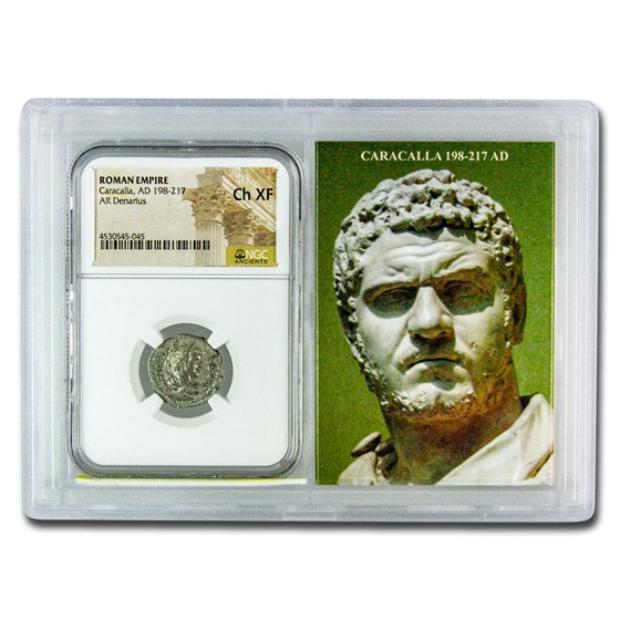 Roman AR Denarius Caracalla (198-217 AD) Ch XF NGC (Vault) Roman AR Denarius Caracalla (198-217 AD) Ch XF NGC (Vault)
