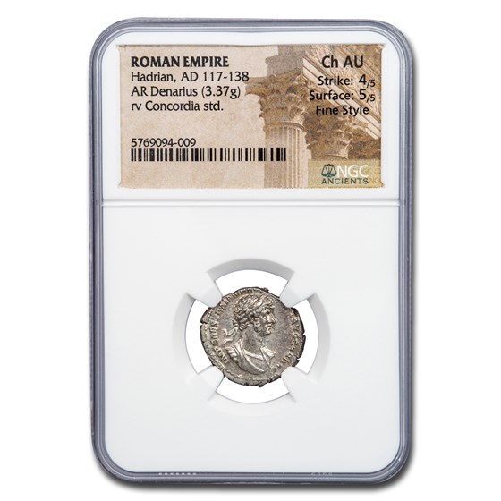 Roman AR Denarius Emp. Hadrian (117-138 AD) CH AU NGC Fine Style Roman AR Denarius Emp. Hadrian (117-138 AD) CH AU NGC Fine Style