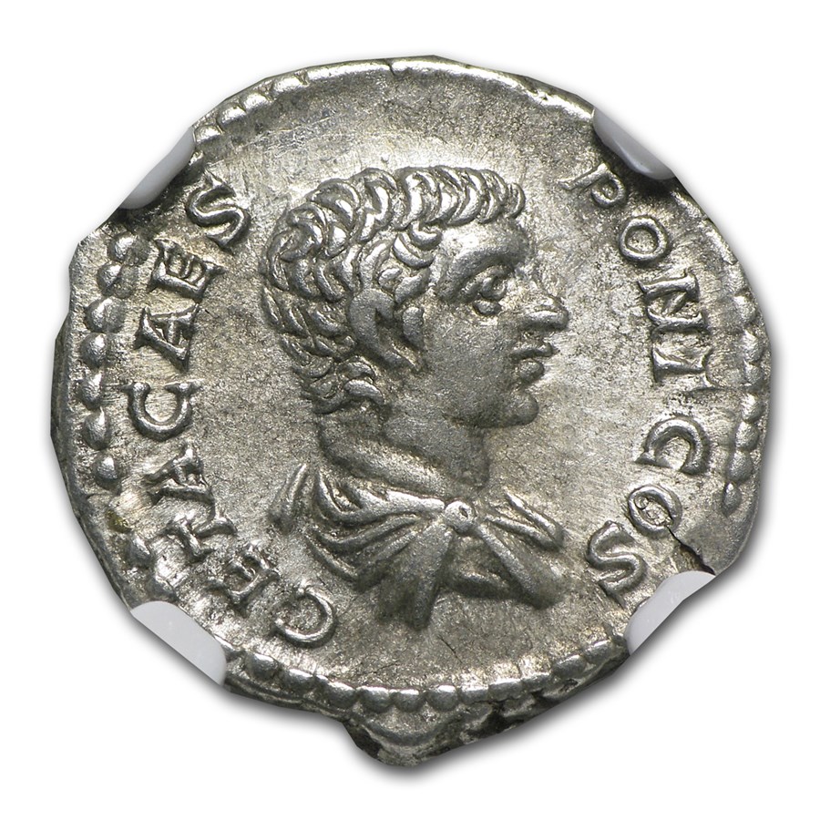 Roman AR Denarius Emperor Geta CH XF NGC (209-211 AD)