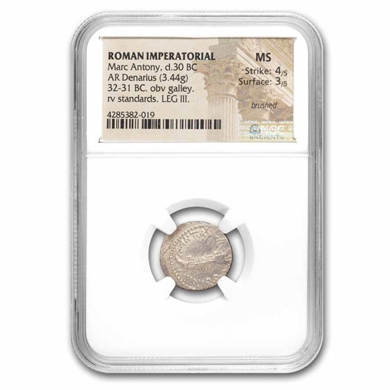 Roman AR Denarius Marc Antony Legion III (30 BC) MS NGC (4/3)