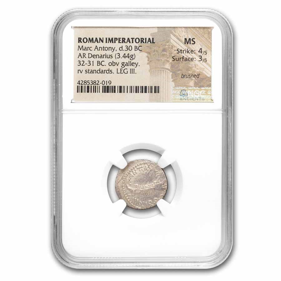 Roman AR Denarius Marc Antony Legion III (30 BC) MS NGC (4/3)