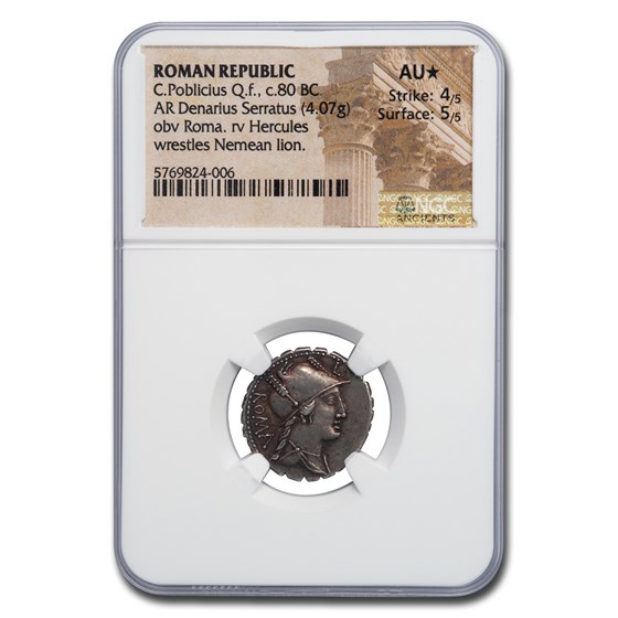 Roman AR Denarius Serratus C Poblicius (80 BC) AU* NGC (Cr-380/1) Roman AR Denarius Serratus C Poblicius (80 BC) AU* NGC (Cr-380/1)