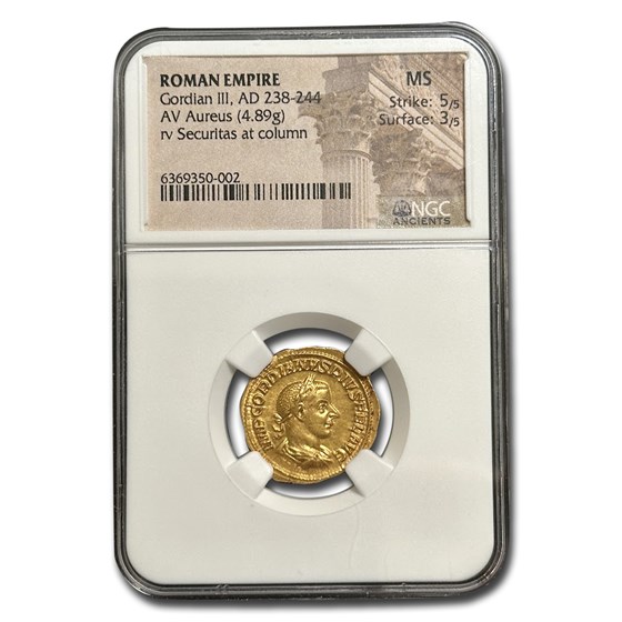 Roman AV Aureus Gordian III (238-244 AD) MS NGC (RIC 164 Corr)