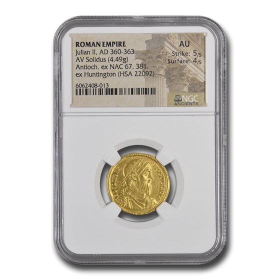 Roman AV Solidus AD 360-363 Julian II AU NGC (5/4, RIC VIII 202) Roman AV Solidus AD 360-363 Julian II AU NGC (5/4, RIC VIII 202)