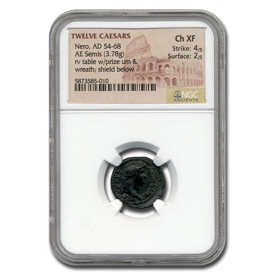 Roman Empire AE Semis Nero (54-68 AD) Ch XF NGC (RIC I 245)