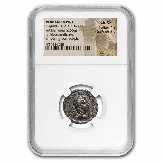 Roman Empire AR Denarius Elagabalus Ch AU NGC (RIC IV 56) Roman Empire AR Denarius Elagabalus Ch AU NGC (RIC IV 56)